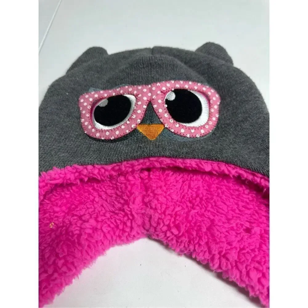Girl Owl Beanie Hat Gray Pink Lined Fleece One Size